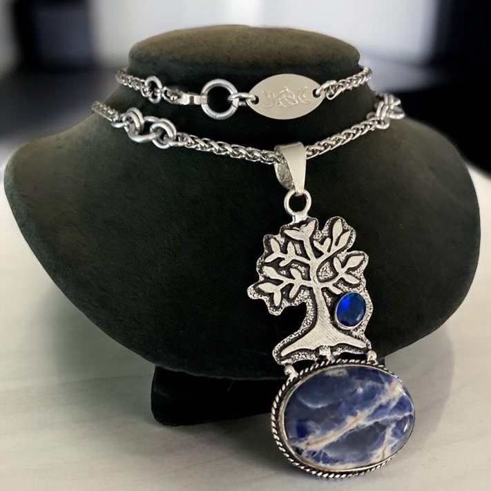 925 Sterling Silver Overlay Blue Sodalite Tree Of Life Charm Stone Boho Necklace